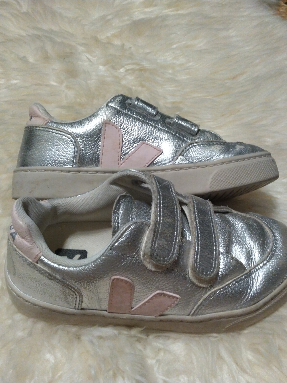 Veja Kids Silver & Pink Leather Velcro Sneakers Size 12.5